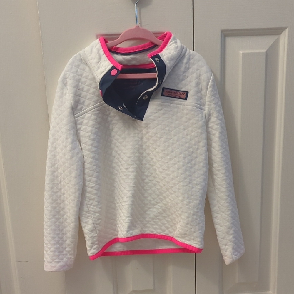 Vineyard Vines White Quilted Pullover with Pink Trim